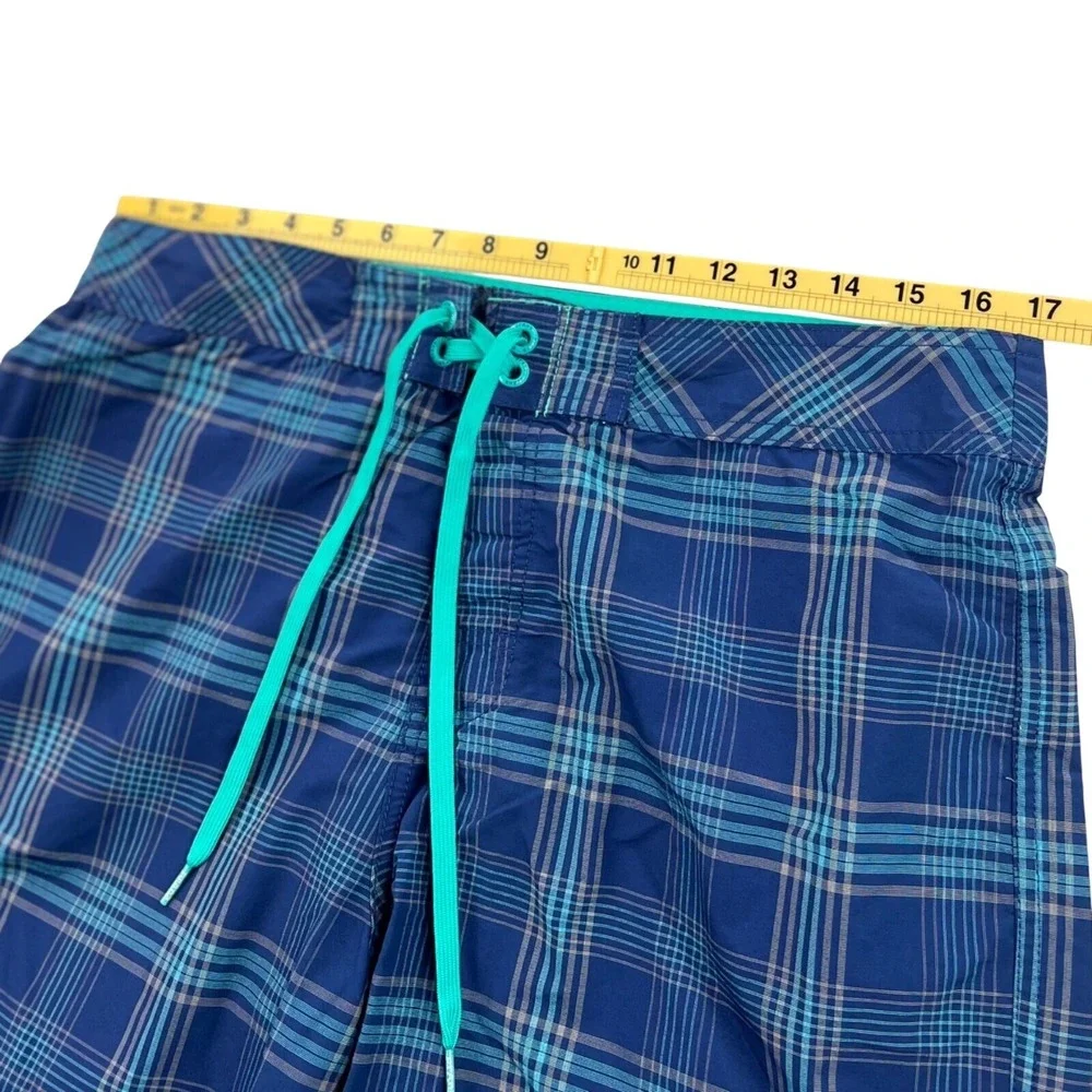 PrAna Swim Trunks Board Shorts‎ Men 34 Blue Teal Plaid Hike UPF 50+ Unlined   9